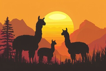 Fototapeta premium Group of llamas standing on a grass field. Suitable for nature and animal themes