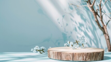 Minimalist Pastel Blue Mockup Scene Featuring a Textured Wooden Podium and Crocheted Flowers in Soft Ambient Light