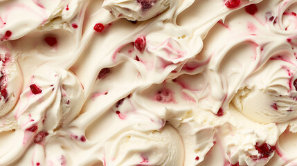 top view of white chocolate ice cream surface, a closeup of the white chocolate raspberry ice cream texture, featuring its creamy base with white chocolate pieces and raspberry swirls