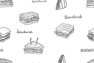 Seamless pattern of sandwiches with lettering in doodle style. Fast food. Great for menu design, banners, websites, packaging. Hand drawn