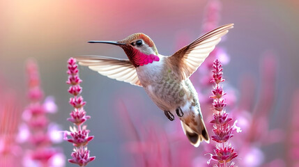Naklejka premium A close-up of a vibrant hummingbird hovering in mid-air amidst pink flowers, showcasing its vivid plumage against a soft, blurred background.