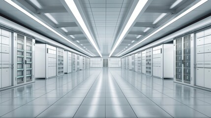 Obraz premium A wide-angle shot of a spacious data center, with servers lining the walls and a central blank area left for text or graphics, focusing on the vast and organized infrastructure