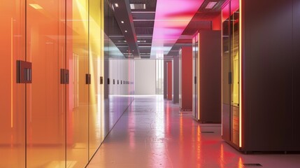 A data center corridor with sleek, modern server units, and an unobstructed area in the background designed for the addition of text or graphics, capturing the cutting-edge technology