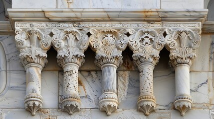 The four pillars are white and have intricate designs on them. The pillars are part of a building and are likely supporting the structure