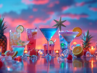 Twilight Bar Scene with Diverse Group Enjoying Creative Martini Variations, Featuring Star Martini