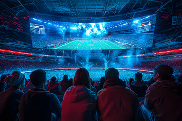 Fans enjoy an electrifying night football match in a vibrant stadium, illuminated by bright lights and large screens displaying the game