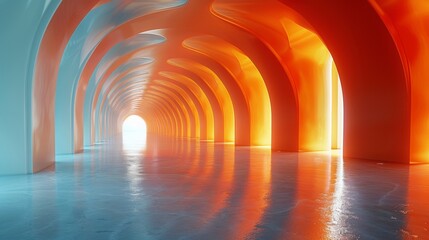 Naklejka premium A tunnel of orange and blue lights in a hallway, AI