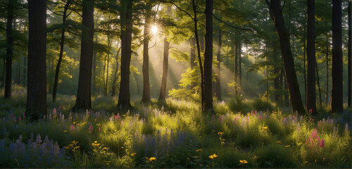 Obraz premium Beautiful rays of sunlight in a green forest