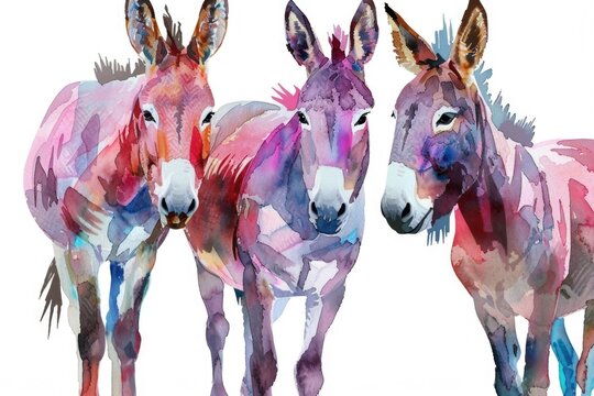 Colorful watercolor painting of three donkeys standing side by side. Perfect for animal lovers and children's illustrations