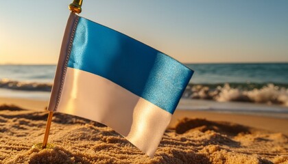 country flag on a map background, flag on the sand, flag on the beach, The Blue Flag is an international award for beaches and marinas - Powered by Adobe