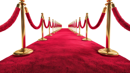 A red carpet lined with gold barriers and ropes, creating a luxurious pathway for VIP guests at an event