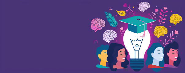 Psychology and Counseling A light bulb with a graduation cap, with brain illustrations and calm faces, on a soothing purple background