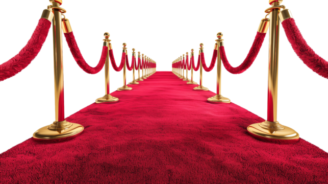 A red carpet lined with gold barriers and ropes, creating a luxurious pathway for VIP guests at an event