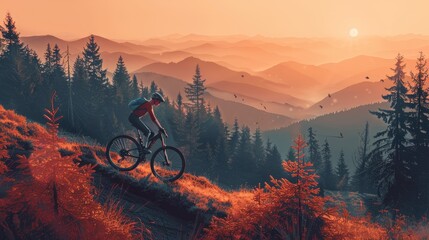 A man is riding a bike down a mountain trail. The sky is orange and the sun is setting