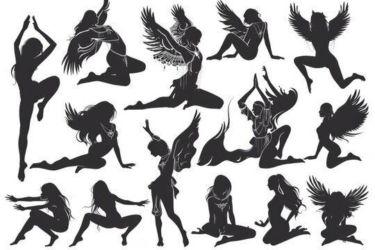A set of silhouettes of women in various poses. Ideal for fashion or fitness design projects