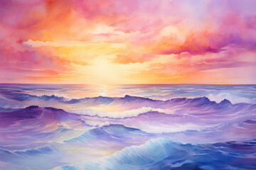 The image is a watercolor painting of a sunset over the ocean