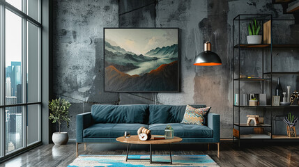 Beautiful artworks and comfortable couch in stylish room. Interior design