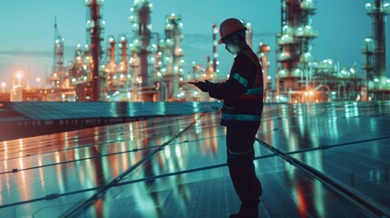 double exposure of smart engineer maintenance in solar power plant checking installing photovoltaic solar modules with digital tablet with Oil and gas refinery industry plant background