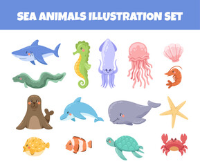 Sea animals vector illustration set
