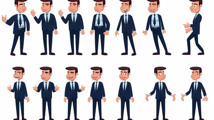 Set of businessman character vector design. Presentation in various action with emotions, running, standing and walking. People working in office planning, thinking and economic analysis