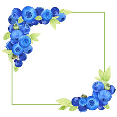 Blueberry frame. Hand drawn watercolor. Frame of ripe juicy summer berries. Clipart for packaging design of farm, natural, vegetarian products. Illustration for jam packaging.