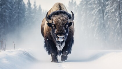 Bison thick fur covered with frost and snow, Bison walks in extreme winter weather, standing above snow with a view of the frost mountains