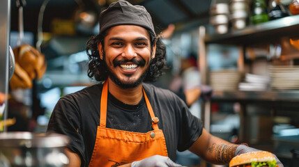 Indian smiling burger chef making smash burger wearing orange apron, black tshirt and black cap hat