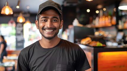 Indian smiling burger chef making smash burger wearing orange apron, black tshirt and black cap hat