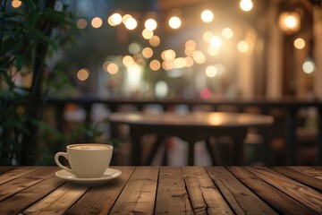 coffe table at night over defocused background with copy space bokeh light