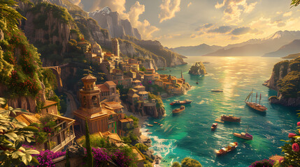Picturesque View of an Ancient Cliffside City Overlooking a Tranquil Turquoise Sea at Sunset