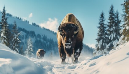 Bison thick fur covered with frost and snow, Bison walks in extreme winter weather, standing above snow with a view of the frost mountains
