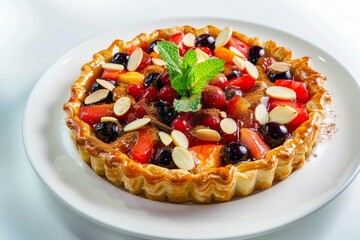 Vibrant Fruit Puff Pastry Tart with Mosaic Arrangement and Delicate Garnish