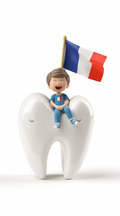 Boy Sitting on Top of Tooth Holding French Flag
