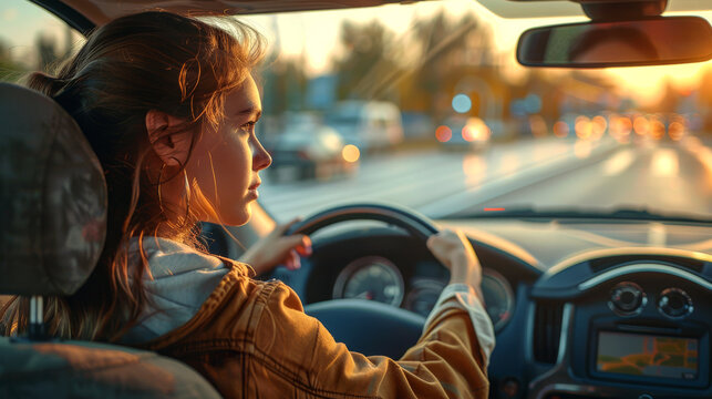 Illustration of a teenager nervously behind the wheel during her driving lesson