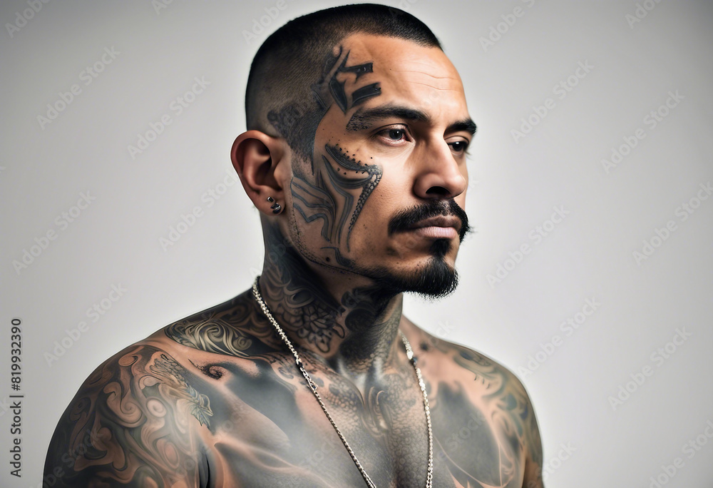 Wall mural portrait of a tattooed mexican drug trafficker, isolated white background