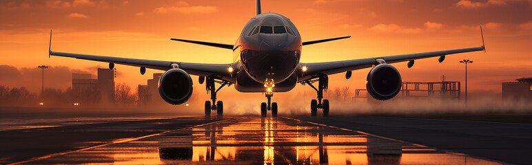 An aeroplane taking off at dawn.