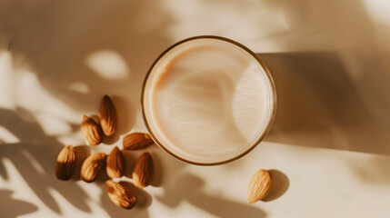 Glass of almond milk on a table with scattered almonds in natural light..