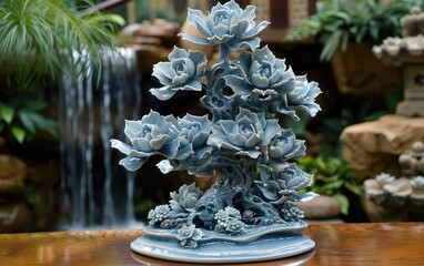 Detailed moonstone sculpture of lotus flowers by a peaceful waterfall in a garden
