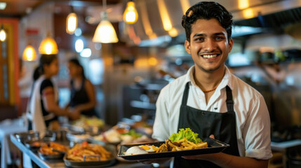 Indian waiter, smiling, holding a tray with the dish ordered by the customer, French fries, rice,...
