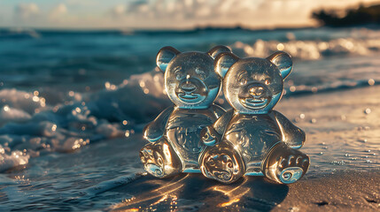 Two glass teddy bears placed on the sandy beach. Summertime vacations