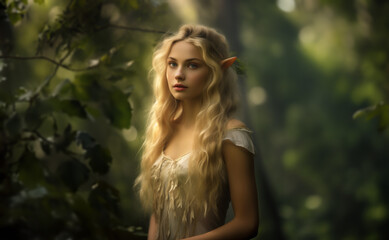Blond elf. most pretty elf maiden in the woods. Princess elven woman elf portrait. Fantasy lush bokeh forest background.