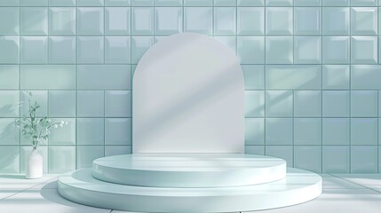 A radiant white podium set against a black background, adorned with elegant ribbon elements and highlighted by dynamic neon lighting, enhanced by a subtle bokeh