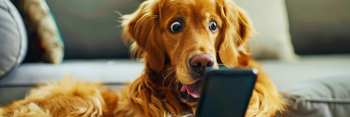 Image of a dog making a surprised face at a cell phone screen..