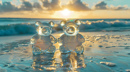 Two glass teddy bears placed on the sandy beach. Summertime vacations