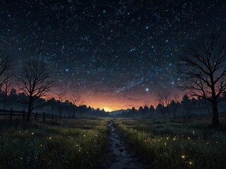Naklejka premium Pathway in the middle of meadow with mystical scene showing the starry night sky and sunset