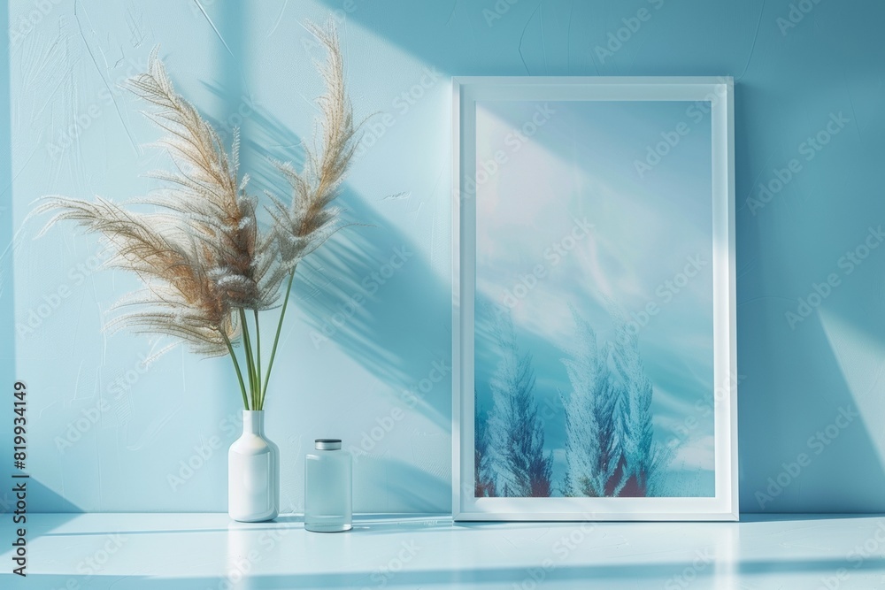 Poster cyan blue minimalist art display: abstract geometric cyanotype print in a modern interior setting