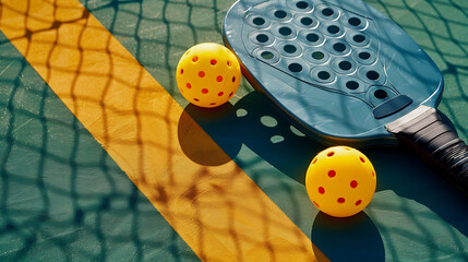 Two pickleball with paddles on the pickleball court with net shadow