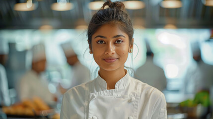 indian female chef standing at kitchen
