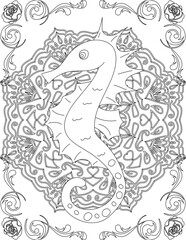 Seahorse on Mandala Coloring Page. Printable Coloring Worksheet for Adults and Kids. Educational Resources for School and Preschool. Mandala Coloring for Adults