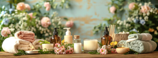 A rustic wooden table set with spa products like towels, candles and lotions in bottles, with flowers and plants behind for an organic wellness theme